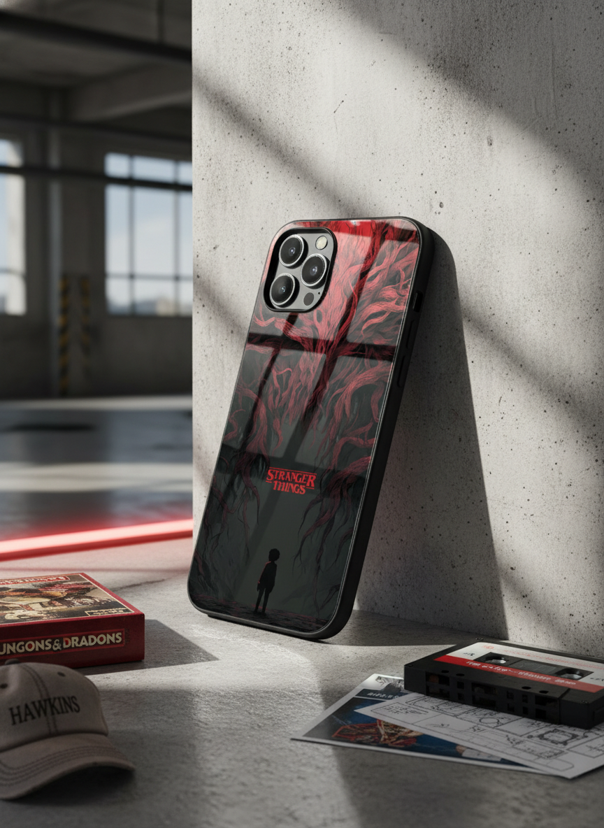 STRANGER THINGS- Stranger Dark Roots Premium Glass Back Cover For iPhone 11-17 Models