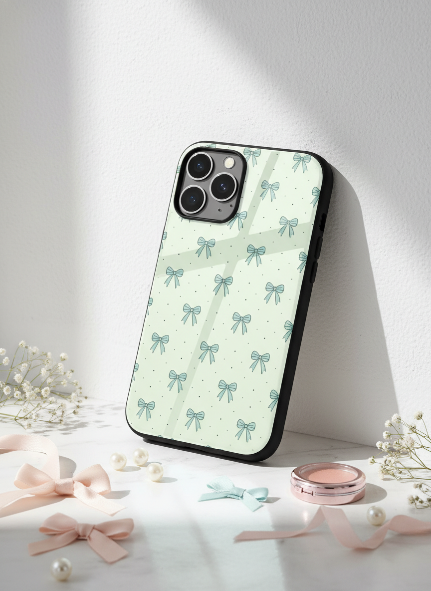Aesthetic Green Bows Premium Glass Back Cover For iPhone 11-17 Models