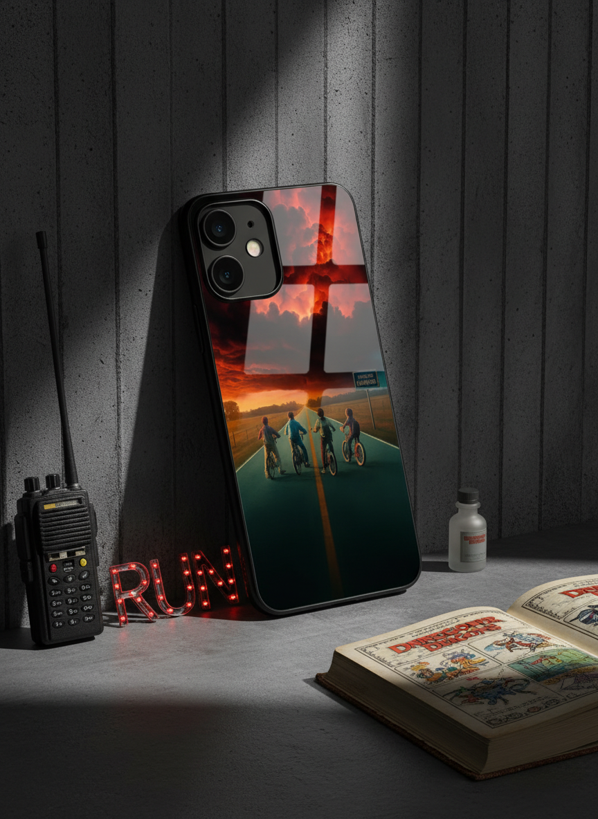 STRANGER THINGS- The Four Riders Premium Glass Back Cover For iPhone 11-17 Models