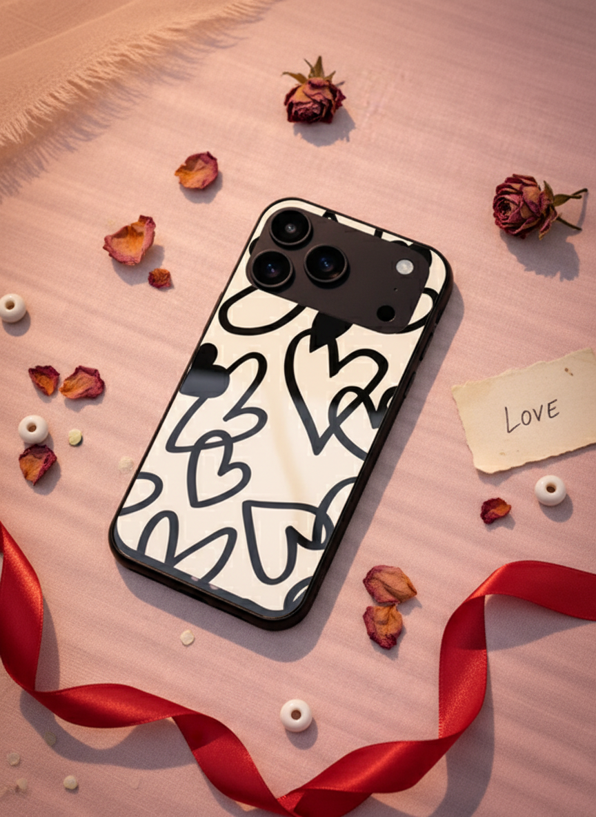 Black Heart Premium Glass Back Cover For iPhone 11-17 Models