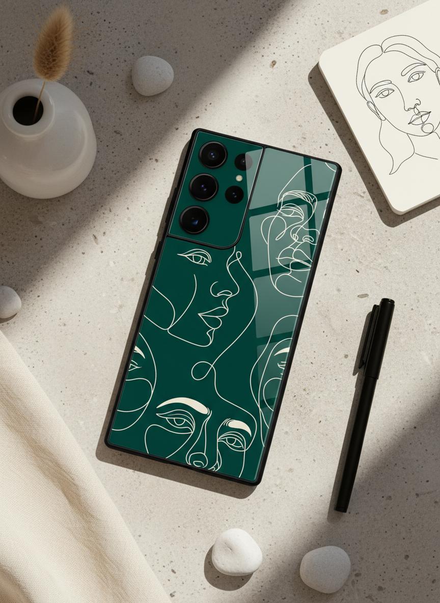 Line Art Lady Premium Glass Back Cover For Galaxy S, A, M & F Series